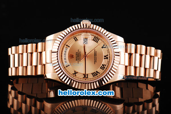 Rolex Day-Date II Swiss ETA 2836 Automatic Movement Full Rose Gold with Rose Gold Dial and Roman Numeral Hour Markers - Click Image to Close